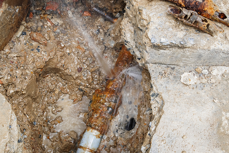 Burst underground water pipe leaking under concrete.