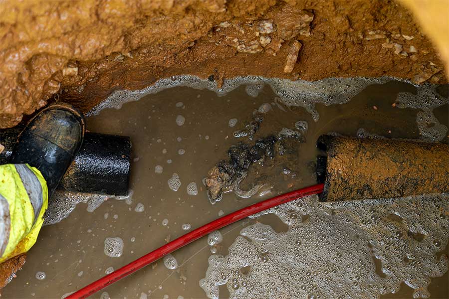 Sewer pipe maintenance in a muddy trench with standing water