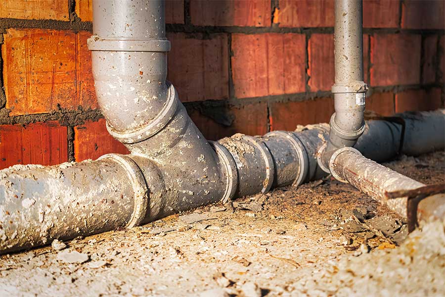 Old drainage pipes installed along a brick wall