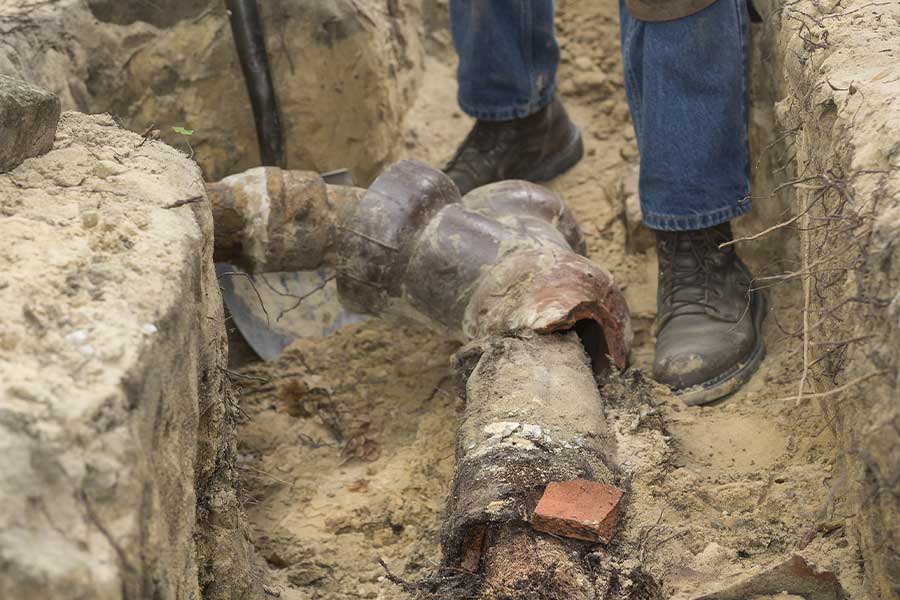Worker standing near a broken underground sewer pipe in a trench