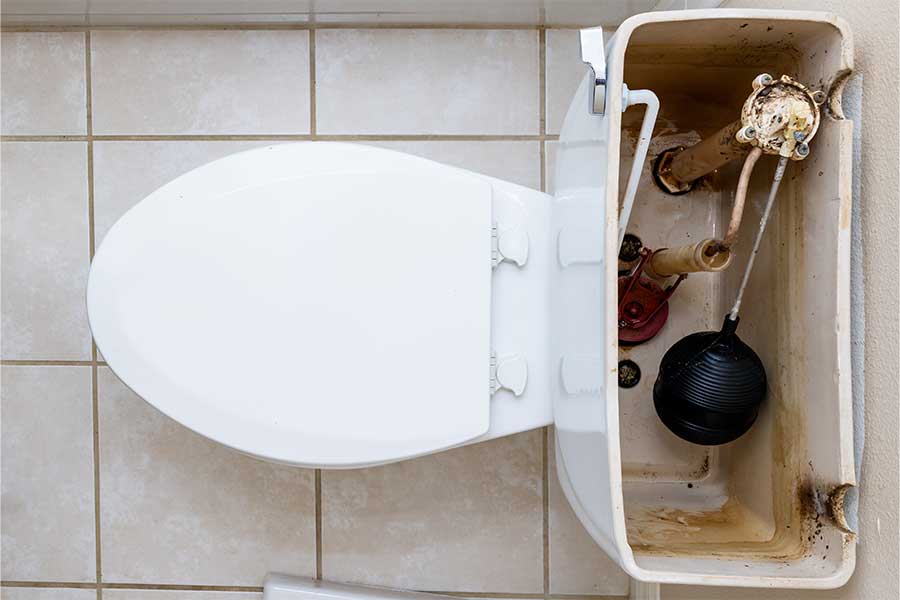 Overhead view of a toilet with an open tank showing worn components.