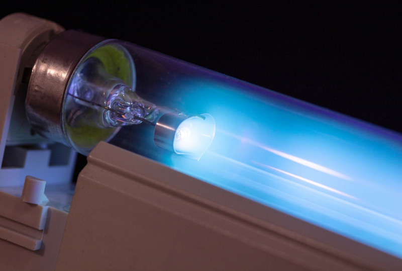 Detailed view of a fluorescent UV light tube with blue illumination.